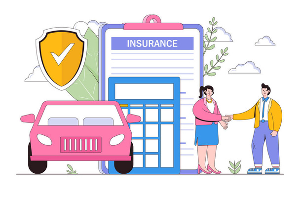Flat car insurance coverage protection contract document with shield or auto vehicle guarantee assurance legal doc policy concept. Outline design style minimal vector illustration for landing page. - Vettoriali, immagini