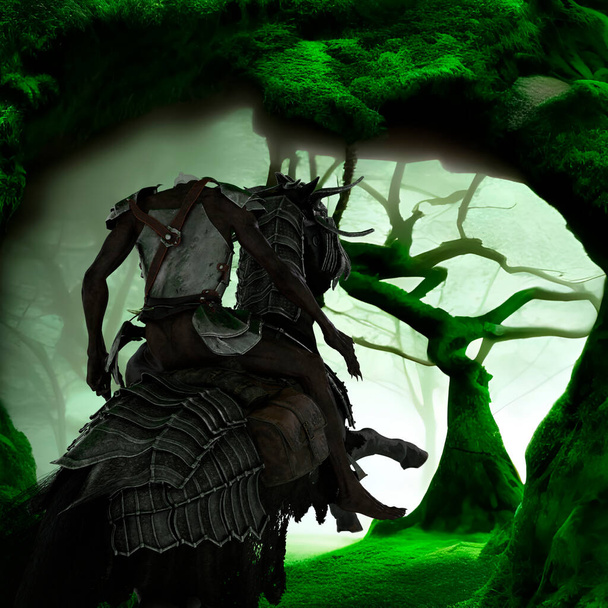 Безголовый всадник верхом на черной лошади в мистическом лесу - 3d рендеринг - Фото, изображение