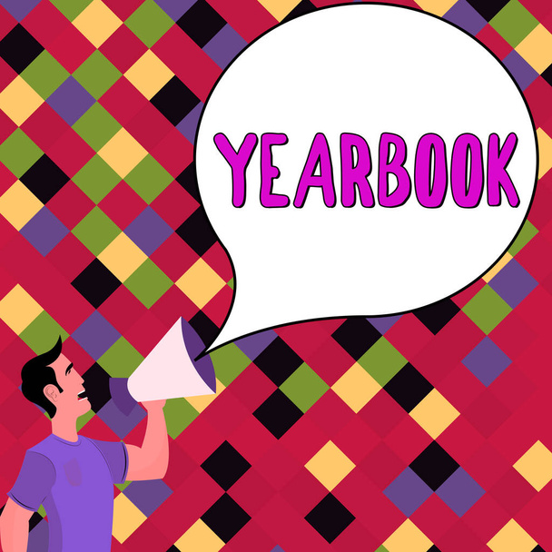 Text caption presenting Yearbook, Business concept publication compiled by graduating class as a record of the years activities - Φωτογραφία, εικόνα