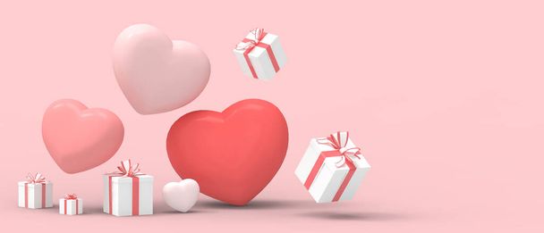 Happy Valentine's Day Greeting Card sells banner and Gift box with heart balloon for mother's day on pink background. Wedding, brochure, Anniversary, birthday, Inspiration, Romantic -3d Rendering - Photo, image