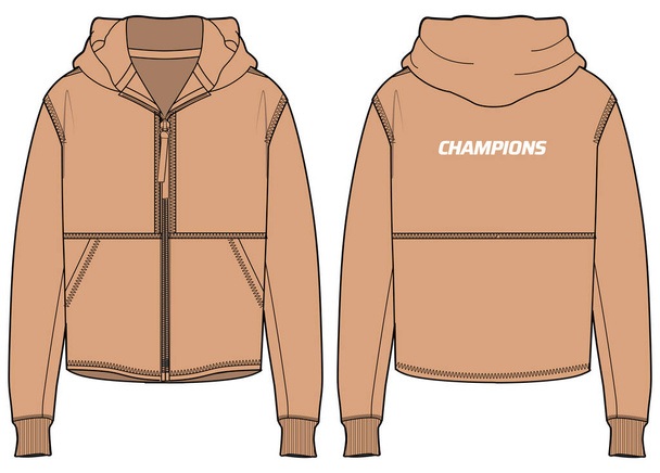 Long sleeve Hoodie jacket design flat sketch Illustration, Hooded sweater jacket with front and back view, winter jacket for Men and women. for hiker, outerwear and workout in winter - Wektor, obraz