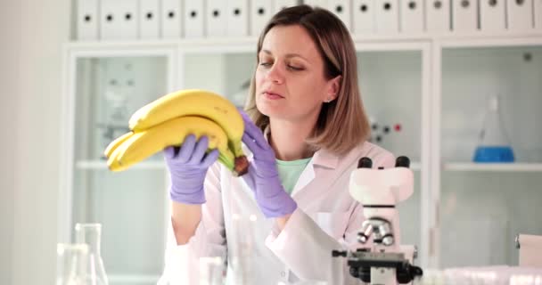 Доктор-ученый держит банан и тщательно исследует его в лаборатории. Химический анализ бананов - Кадры, видео