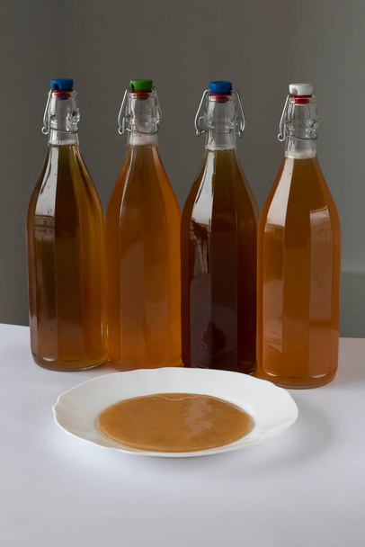 Zelfgemaakte gefermenteerde thee champignon kombucha drinken in flessen. Probiotische, symbiotische superfoods. Niet-alcoholische bruisende cocktail, antioxidant - Foto, afbeelding