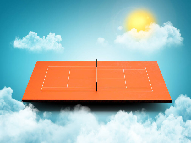 Tenis kortu mavi gökyüzü arkaplanı, bulutlar ve güneş 3D illüstrasyon - Fotoğraf, Görsel