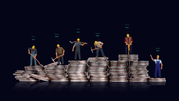 Miniature workers on a pile of coins and graphics with business concept. Concept of competitive society and economic disparity. - Filmati, video