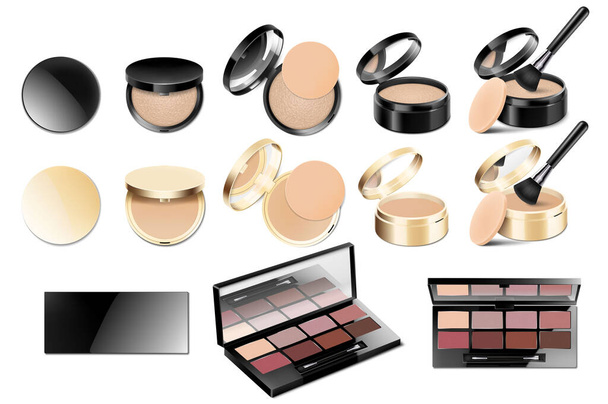 Set van realistische cosmetische make-up producten. Blanco sjabloon van containers voor gezicht cosmetische, oogschaduw, lippenstift, borstel, poeder, nagellak en mascara. Vector - Foto, afbeelding