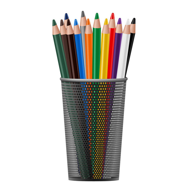 Fekete fém ceruza csésze tele színes használt ceruzák, elszigetelt fehér alapon. Realisztikus 3D vektor illusztráció. - Fotó, kép