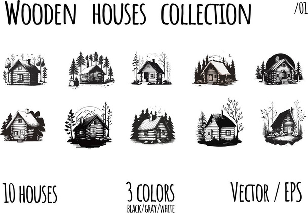  Holzhaus im Wald, das Konzept des umweltfreundlichen Lebens. Vektor-Illustration zum Handzeichnen - Vektor, Bild