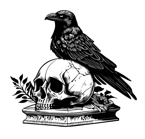 Cuervo sentado en un cráneo humano dibujado a mano boceto en estilo garabato ilustración - Vector, imagen