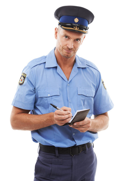 Parking fine, writing ticket and portrait of police on white background with notepad for traffic laws. Crime, law enforcement and face of policeman, security guard and safety officer write on paper. - Foto, imagen