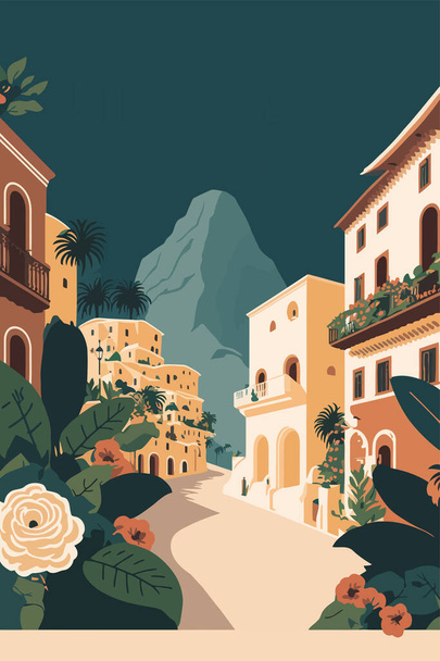 イタリアのシチリア島の古い町のベクトル図。背景として使用できます。フラットカラー漫画スタイル旅行ポスター - ベクター画像