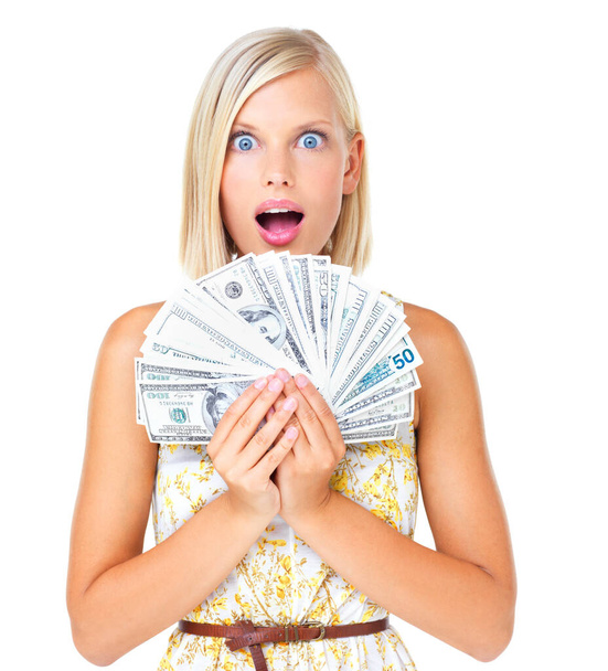 Wow, happy and woman cash prize winner surprised, shocked and excited isolated against a studio white background. Rich, euro and portrait of wealthy female with lottery money for financial freedom. - 写真・画像