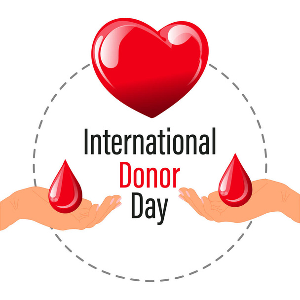 Giornata Mondiale del Donatore, cuore rosso e gocce di sangue nelle mani. Il concetto di medicina. Bandiera, manifesto, vettore - Vettoriali, immagini