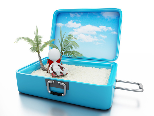 3d personas blancas en una maleta de viaje. vacaciones en la playa
 - Foto, imagen