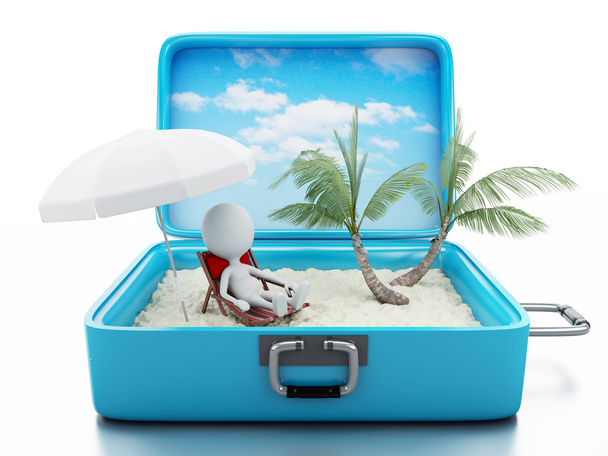 3D λευκοί άνθρωποι σε μια βαλίτσα ταξίδια. διακοπές στην παραλία - Φωτογραφία, εικόνα