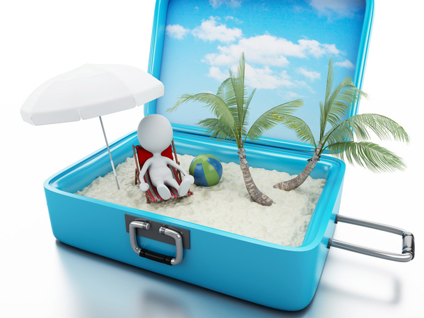 3D bílých lidí v cestovní kufr. pláž dovolená - Fotografie, Obrázek
