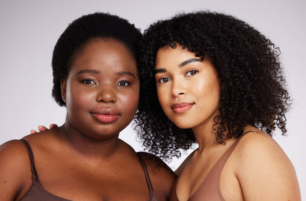 Beauty, skincare and portrait of African women for wellness, facial treatment and dermatology in studio. Spa aesthetic, self love and face of girl models for luxury cosmetics, makeup and natural glow. - Valokuva, kuva