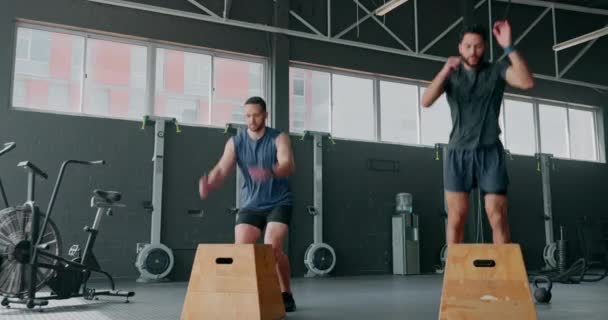 Fitness, gym and men with jump box for exercise, workout and training together. Strong athlete people train for health and wellness goals, achievement and sports performance on wood for cardio. - Video