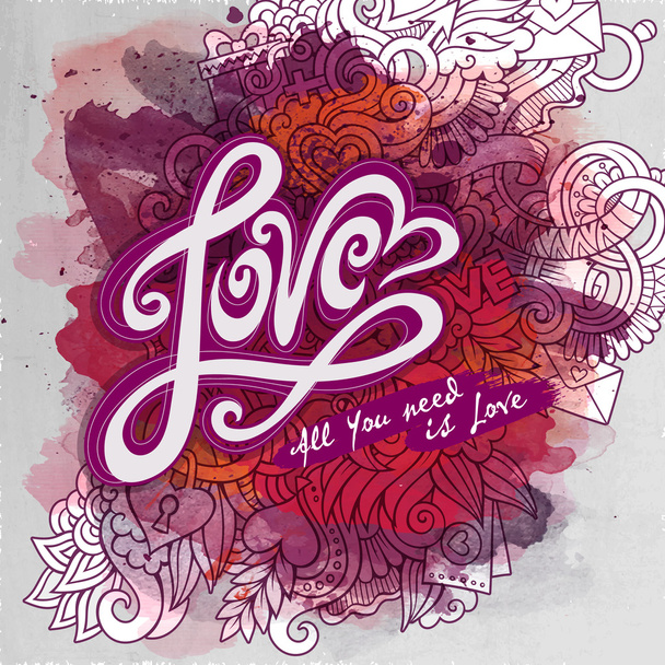 Διάνυσμα αγάπη doodles σχέδιο καρτών νερομπογιάς - Διάνυσμα, εικόνα