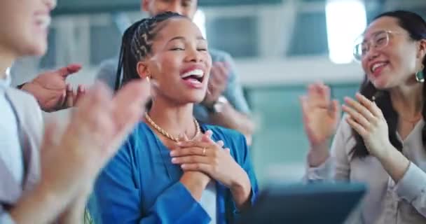 Office crowd, applause and black woman employee celebration with clapping staff. Business team, motivation and support for corporate worker success with happiness and excited about work collaboration. - 映像、動画