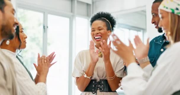 Business people, diversity and clapping in high five, teamwork or collaboration in company growth, target or global goals. Smile, happy or office applause, winner celebration or success hands gesture. - Footage, Video