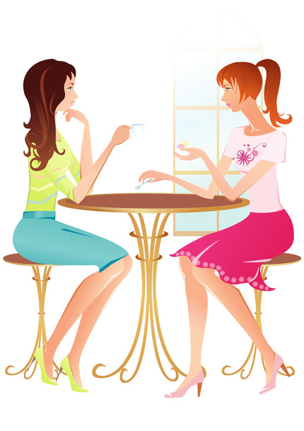 Две девушки в кафе разговаривают
 - Вектор,изображение