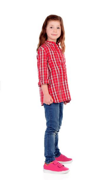 Adorable little girl with red plaid shirt - Foto, afbeelding