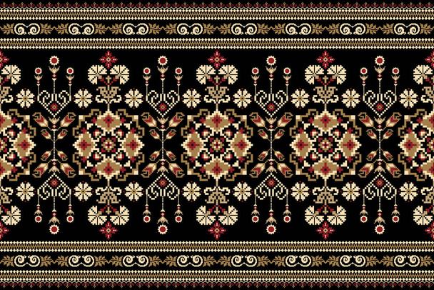 Bordado de punto de cruz floral árabe sobre fondo negro.Patrón oriental étnico geométrico tradicional.Azteca estilo abstracto vector.design para textura, tela, ropa, envoltura, decoración, alfombra. - Vector, imagen