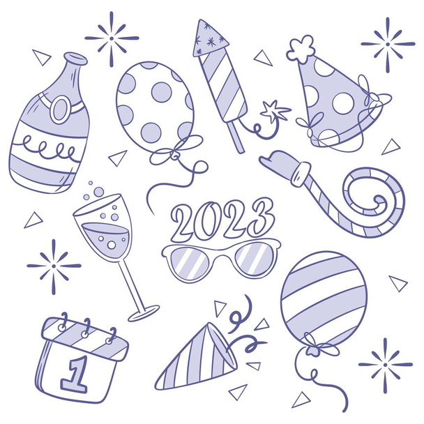 Lovely set of new year party elements hand drawn coloring - Vector, afbeelding