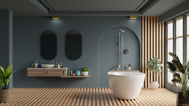 Сучасний дизайн інтер'єру ванної кімнати, ванна кімната з порожньою темно-синьою стіною.3d візуалізація
 - Фото, зображення
