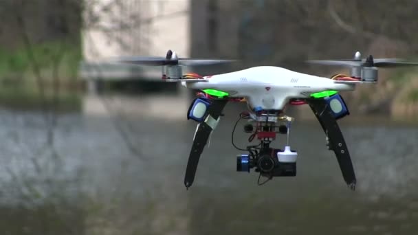 Mały helikopter drone gładkie latać w drewnie - Materiał filmowy, wideo