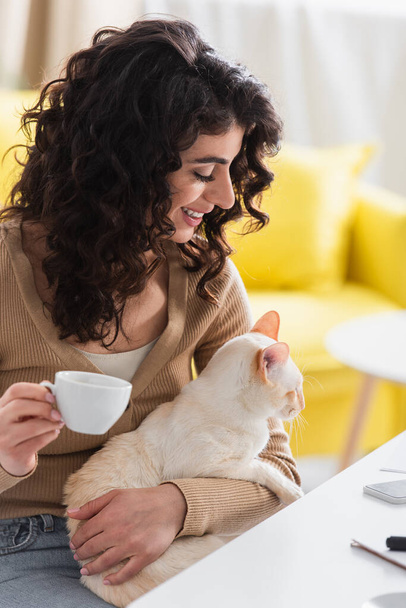 Cheerful brunette woman looking at oriental cat and holding cup of coffee at home  - Foto, Bild