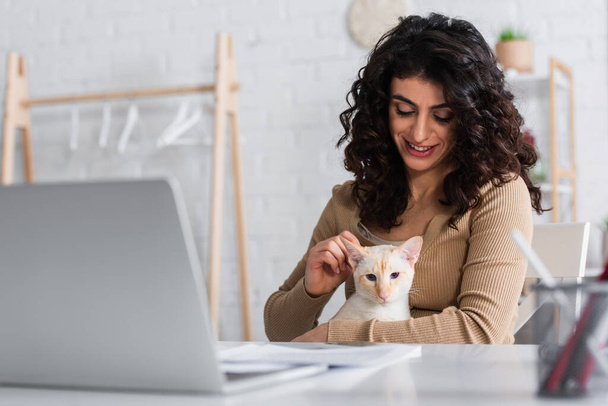 Copywriter petting oriental cat near blurred laptop and papers at home  - Foto, imagen