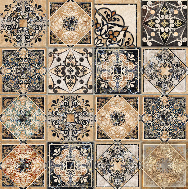 Digitaal tegelontwerp. Abstract damast patchwork naadloos patroon Vintage tegels. Hoge kwaliteit foto - Foto, afbeelding