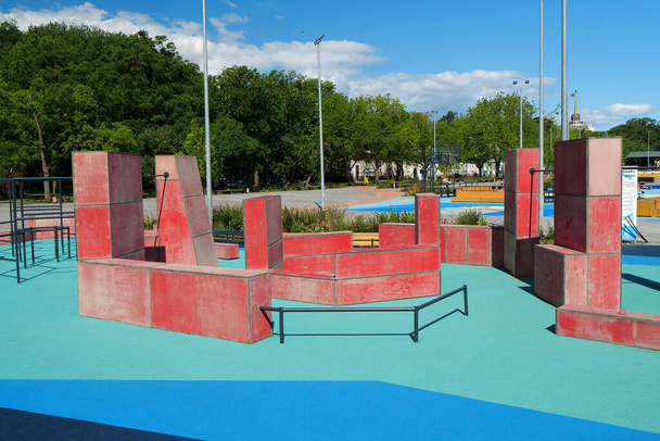 Sports ground with new exercise equipment in open air sport zone for parkour and freerunning - Photo, Image