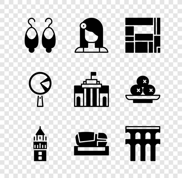 Set Earrings, Spanish woman, House Edificio Mirador, Giralda, Stadium Mestalla, Aqueduct of Segovia, Omelette frying and Prado museum icon. Vector - Vector, Imagen