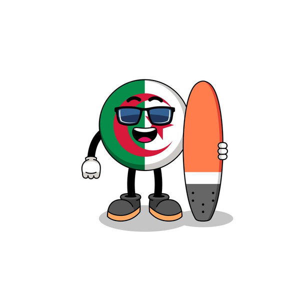Sörfçü olarak Cezayir bayrağının maskot karikatürü, karakter tasarımı - Vektör, Görsel