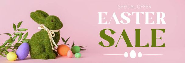 Banner for Easter sale with colorful eggs and toy bunny - Foto, Imagem