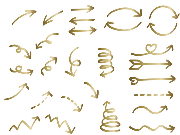 Gold gradation handwriting arrow set. Arrows in the form of arrows, half circles, curves, etc - Vektor, Bild