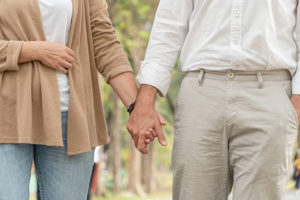 Ευτυχισμένο ρομαντικό ζευγάρι κρατώντας το χέρι, ο άνθρωπος και η γυναίκα στην αγάπη, περνούν το χρόνο τους στο πάρκο μαζί, το περπάτημα για υγιή και ευεξία έννοια - Φωτογραφία, εικόνα