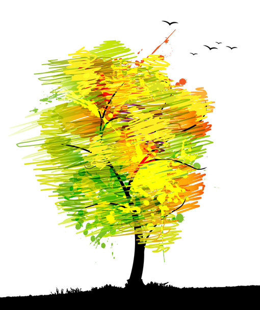 φθινόπωρο χρωματιστά δέντρο με τα πουλιά. - Διάνυσμα, εικόνα