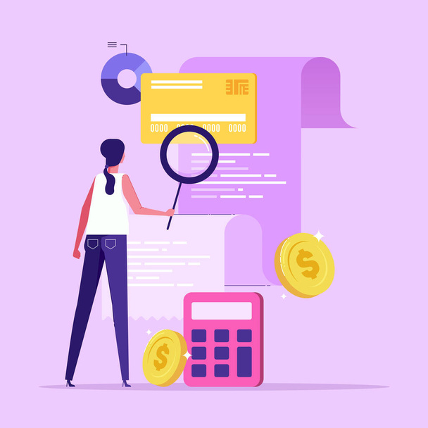 Woman looking through magnifying glass at bill, check or invoice. Concept of accounting and auditing service for business, budget planning, revenue calculation, flat vector illustration - Vetor, Imagem