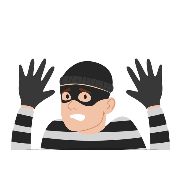 Thief got caught vector isolated. Illustration of a frightened criminal with raised hands. Robber in panic. - Vector, imagen