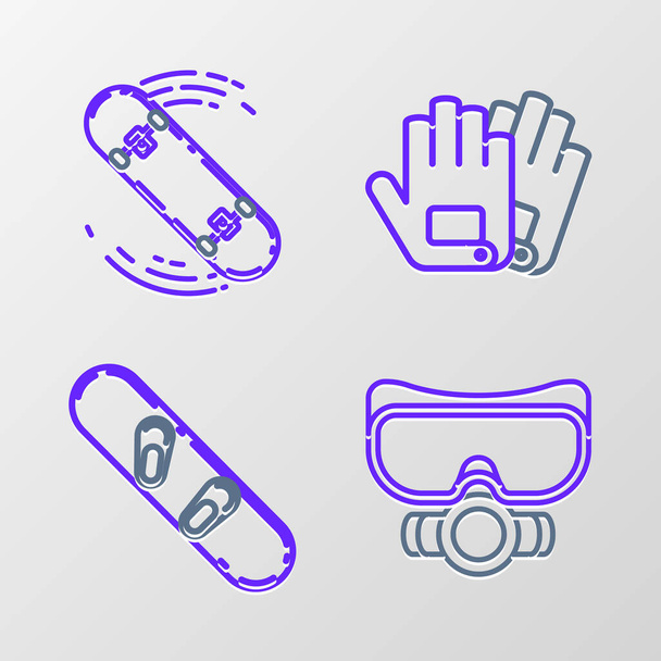 Set line Diving mask, Snowboard, Gloves and Skateboard trick icon. Vector - Vector, Image