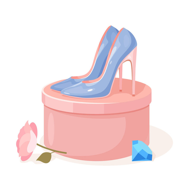 Glamour women's high heels shoes with shoebox, flower, and precious stone - Vector, Image