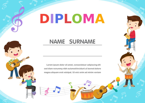 Certificaat sjabloon met kinderen in de band kinderen muzikale diploma muziek award template met kinderen - Vector, afbeelding