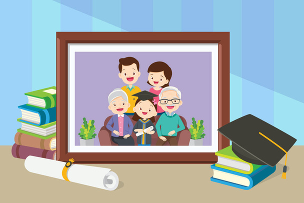 Family photo portrait in frame concept. Graduation student Memorable image with happy graduates kids of university in black robes and with diplomas - Διάνυσμα, εικόνα