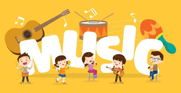 Play music concept of children group.Cartoon dancing kids and kids with musical instruments.cute child musician various actions playing music.around big Letter. - Vector, Image