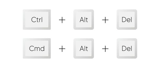 Набор векторных значков кнопок клавиатуры. Ctrl Alt Del, сочетание клавиш Cmd Alt Del. Реалистичное изображение клавиатуры - Вектор,изображение