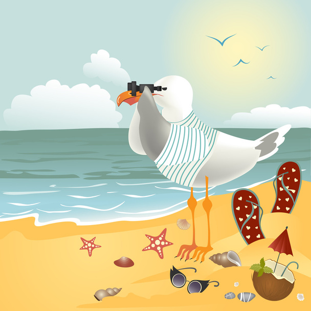 Seagull on the beach looking through binoculars - Vektori, kuva